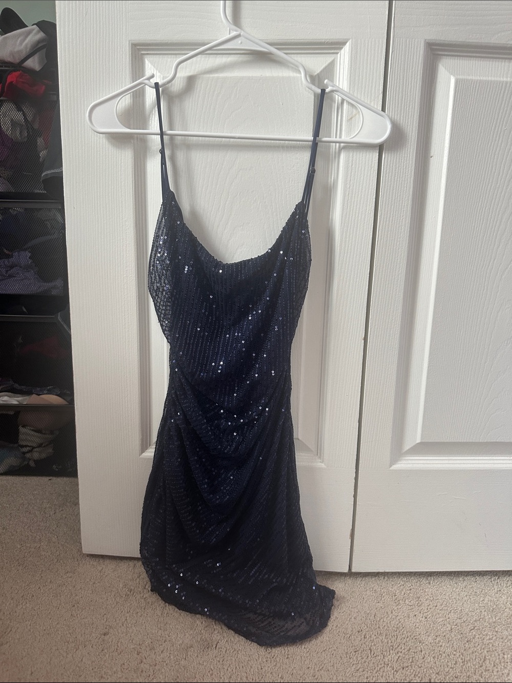 Navy Sequin Spaghetti Strap Dress - Elegant Evening Wear - Picture 1 of 1